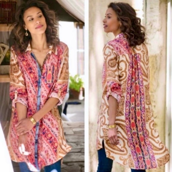 Soft Surroundings Long Flowy Blouse Boho Tunic Beach Coverup Casual Summer Top M - Picture 6 of 12